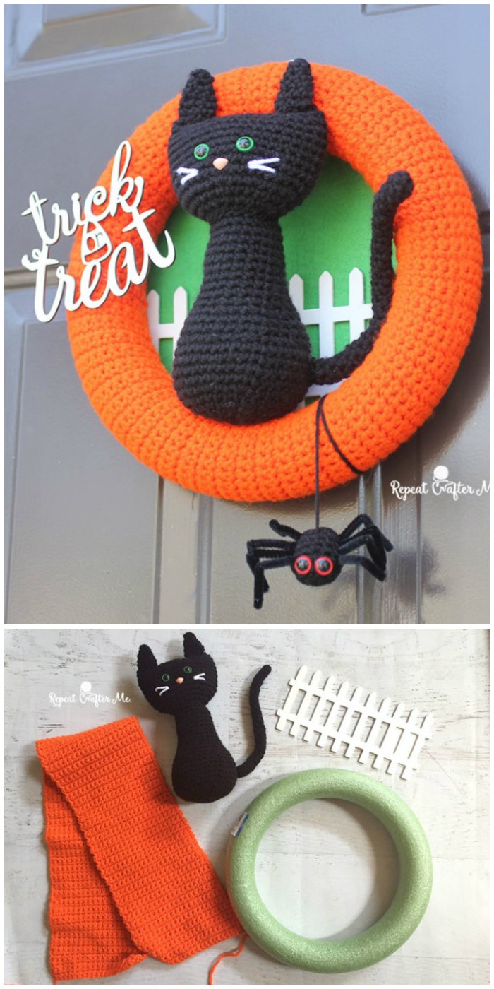 Crochet Halloween Black Cat Wreath
